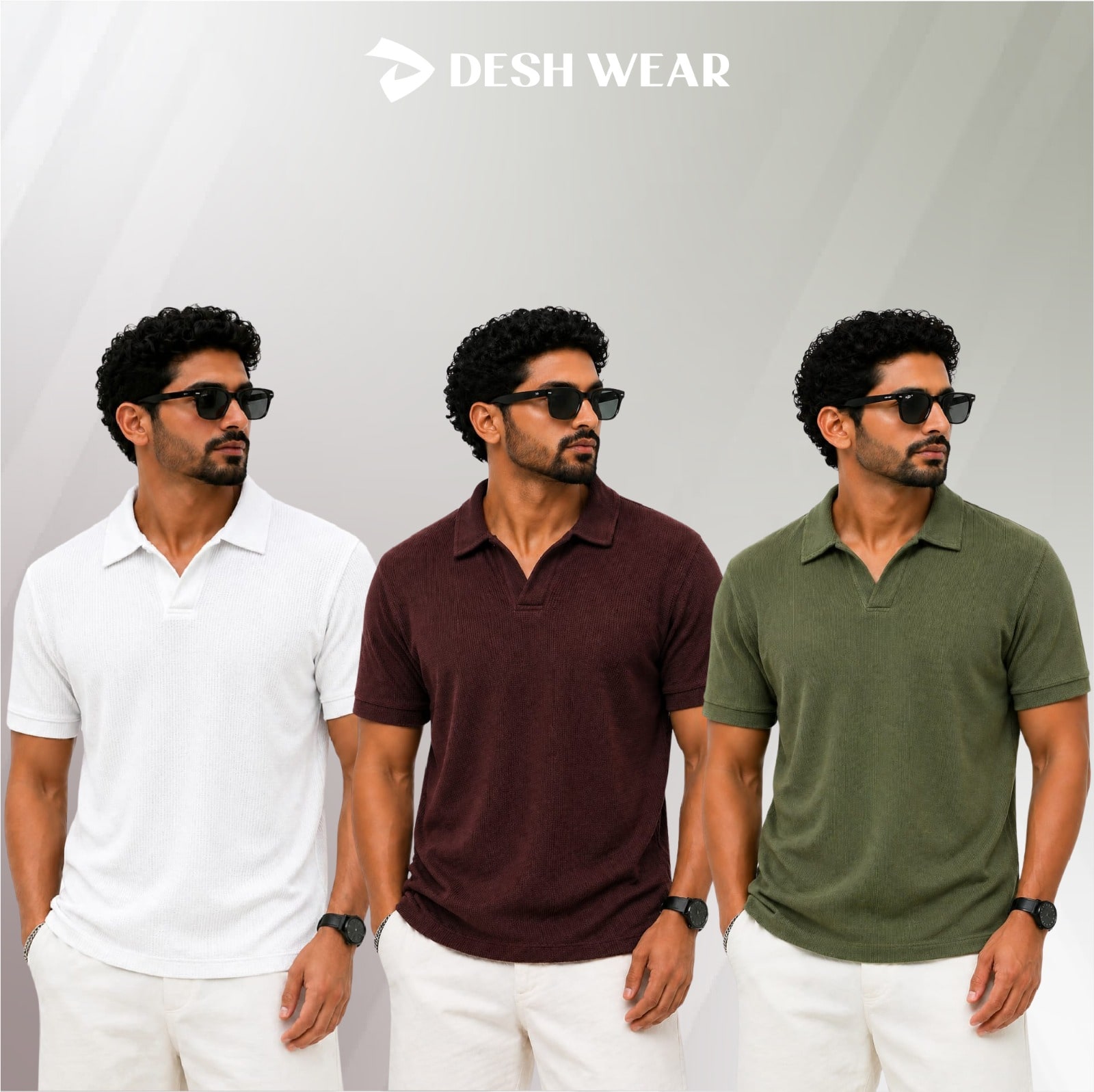 Waffle Cuban polo White-Coffee-Olive