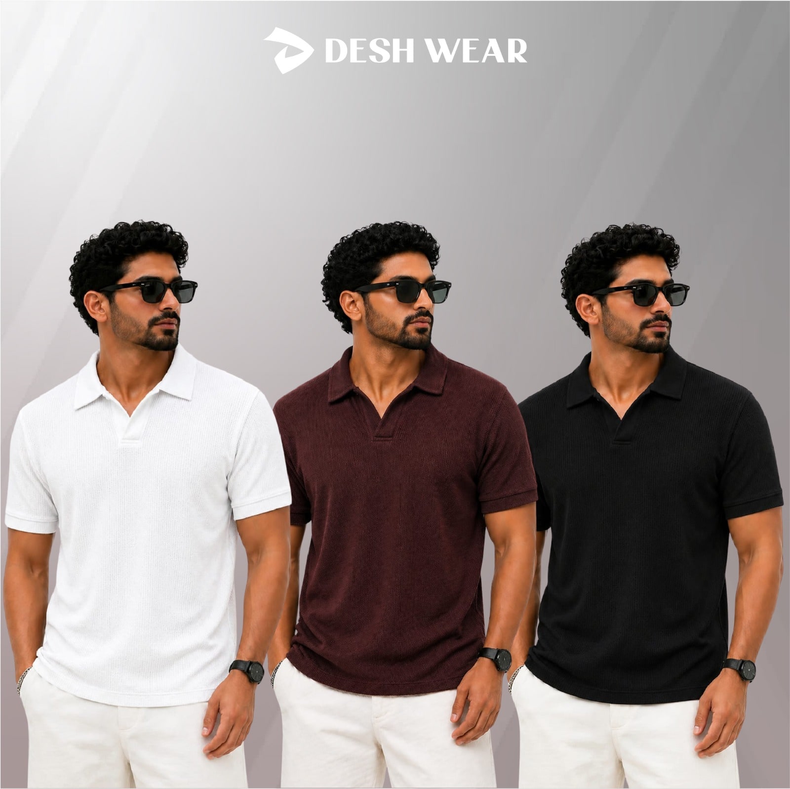 Waffle Cuban polo White-Coffee-Black