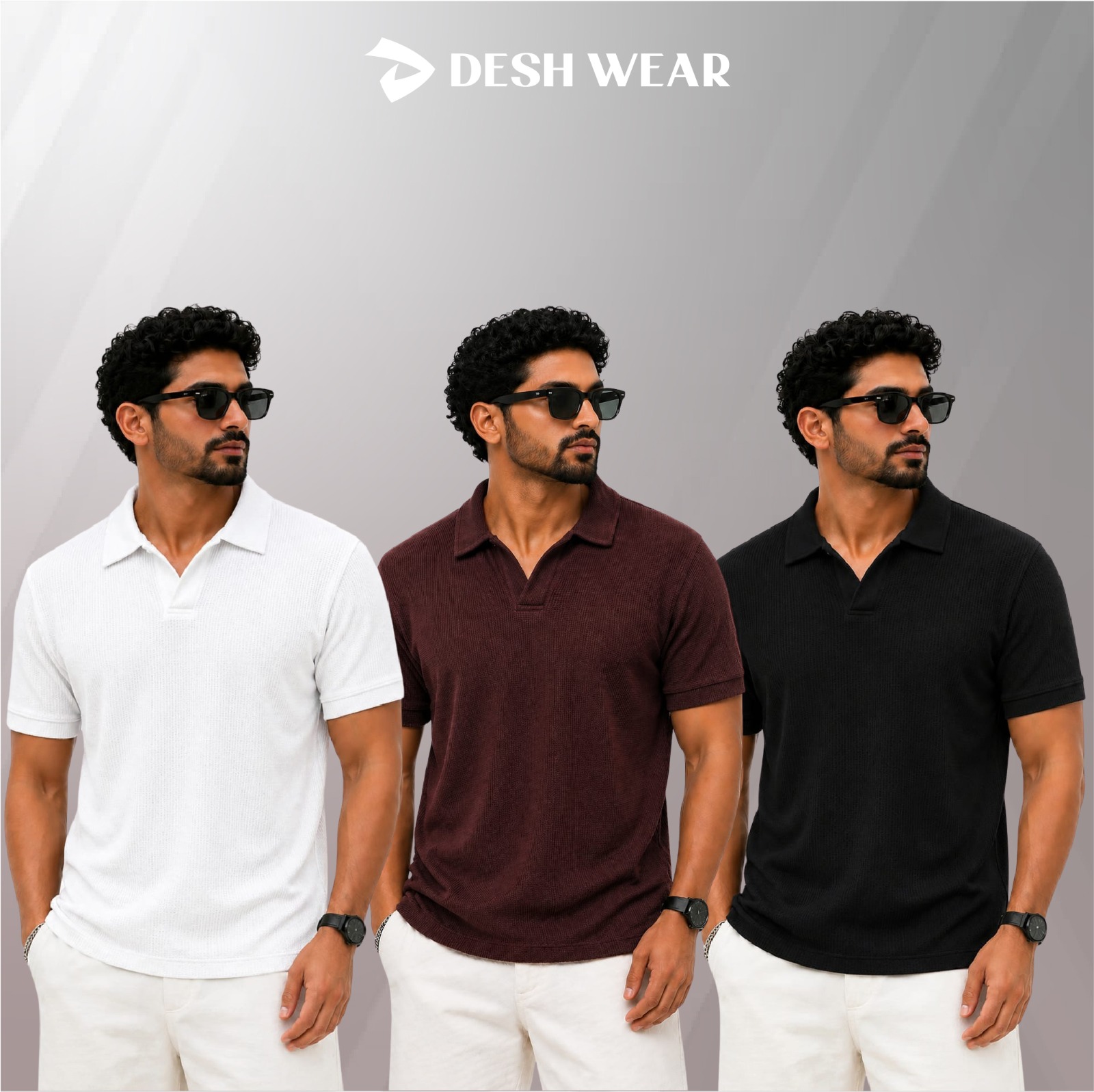 Waffle Cuban polo White-Coffee-Black